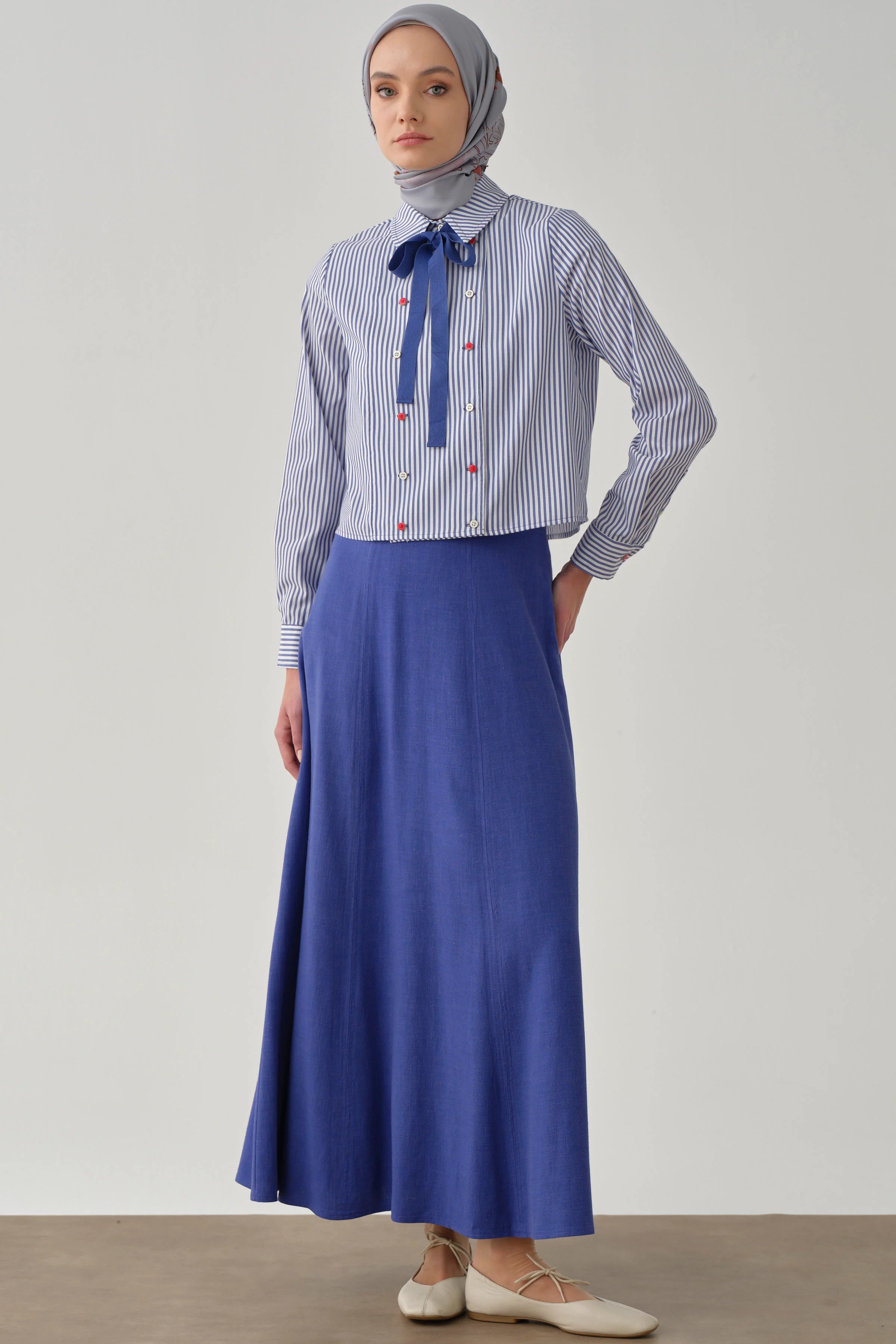 Altı Parçalı Dikiş Detaylı Etek - Saks TUGBA