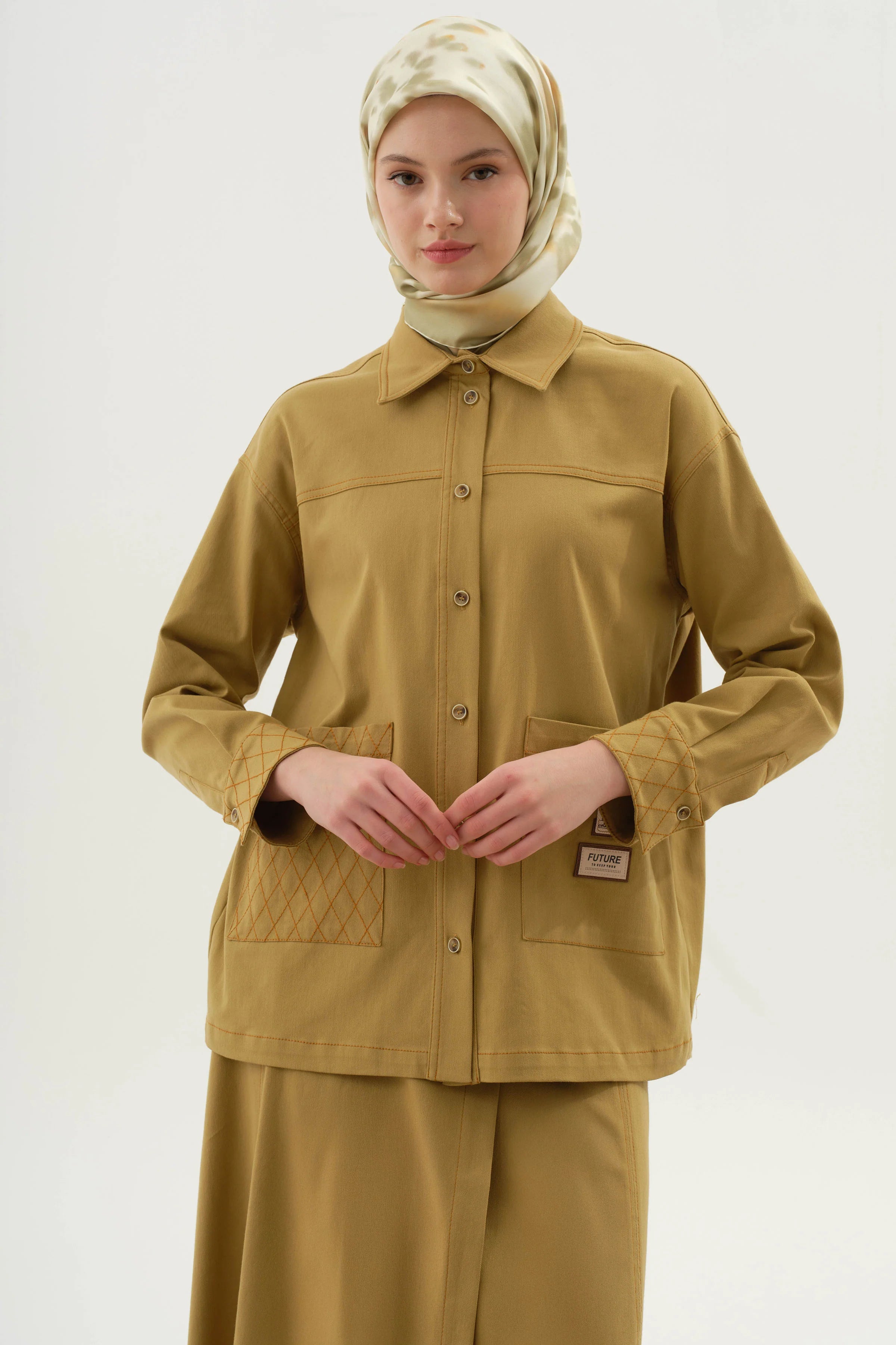 Baklava Dikiş Detaylı Cepli Gömlek - Olive TUGBA