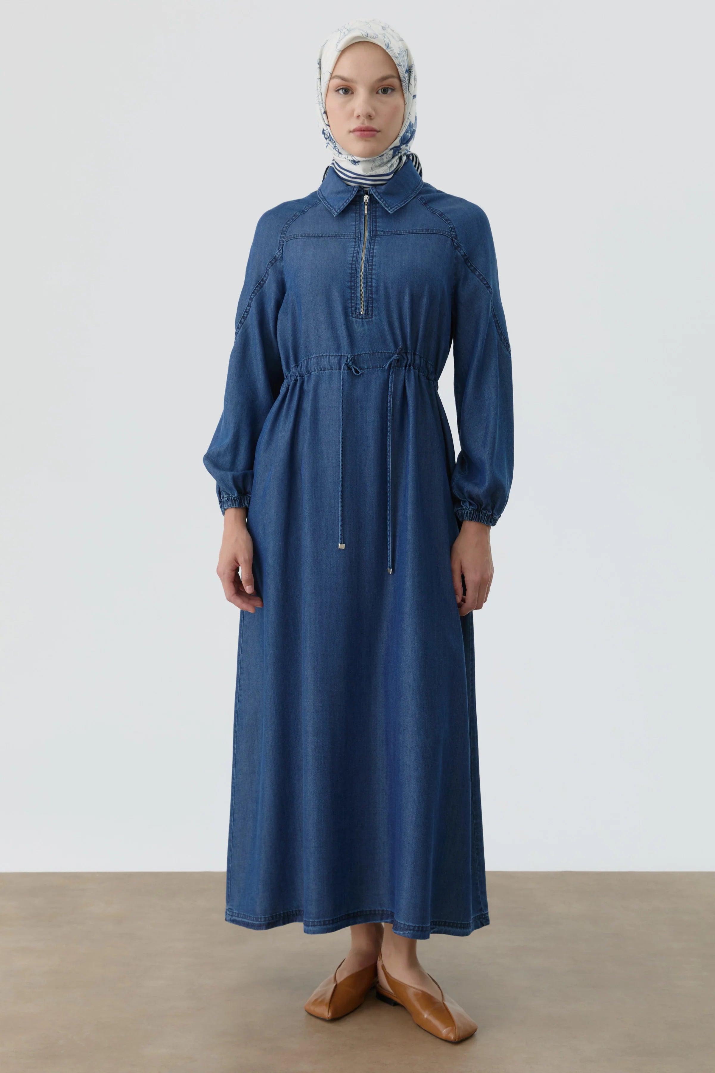 Bel Tünel Bağcıklı Elbise - İndigo TUGBA