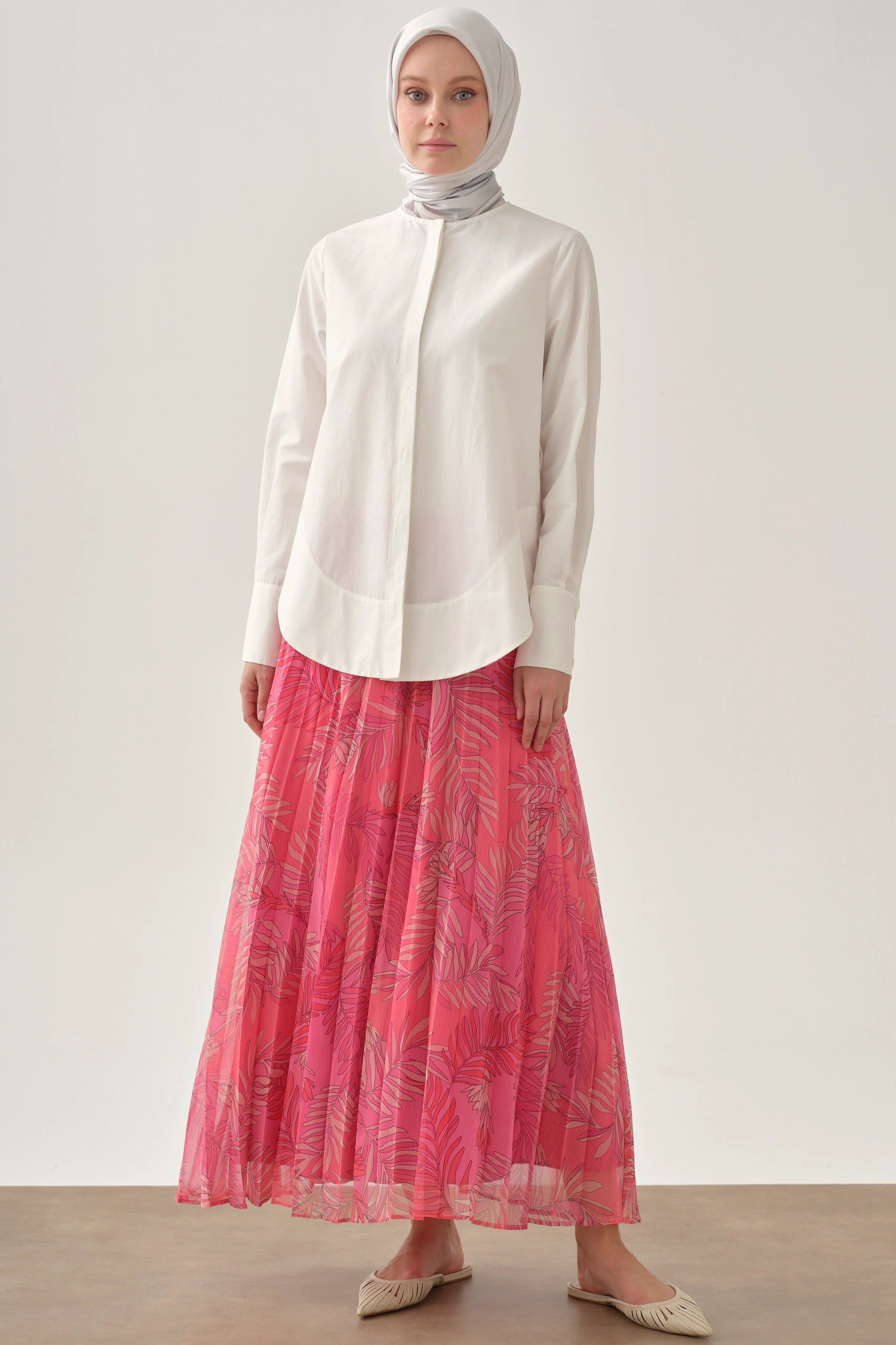 Beli Lastikli Desenli Plisoley Etek - Pembe TUGBA