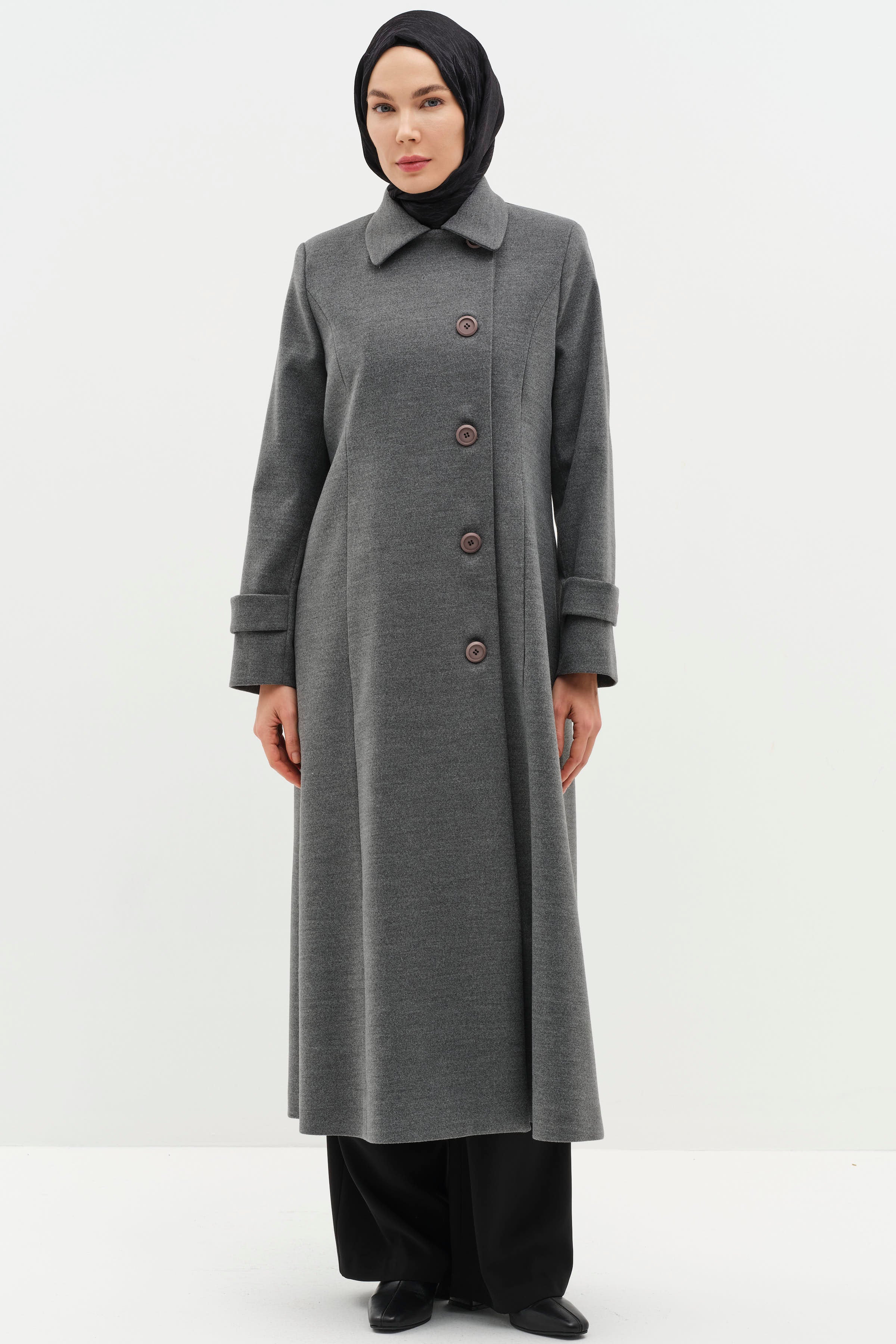 Büyük Beden Şömizye Kaşe Manto - Gri TUGBA