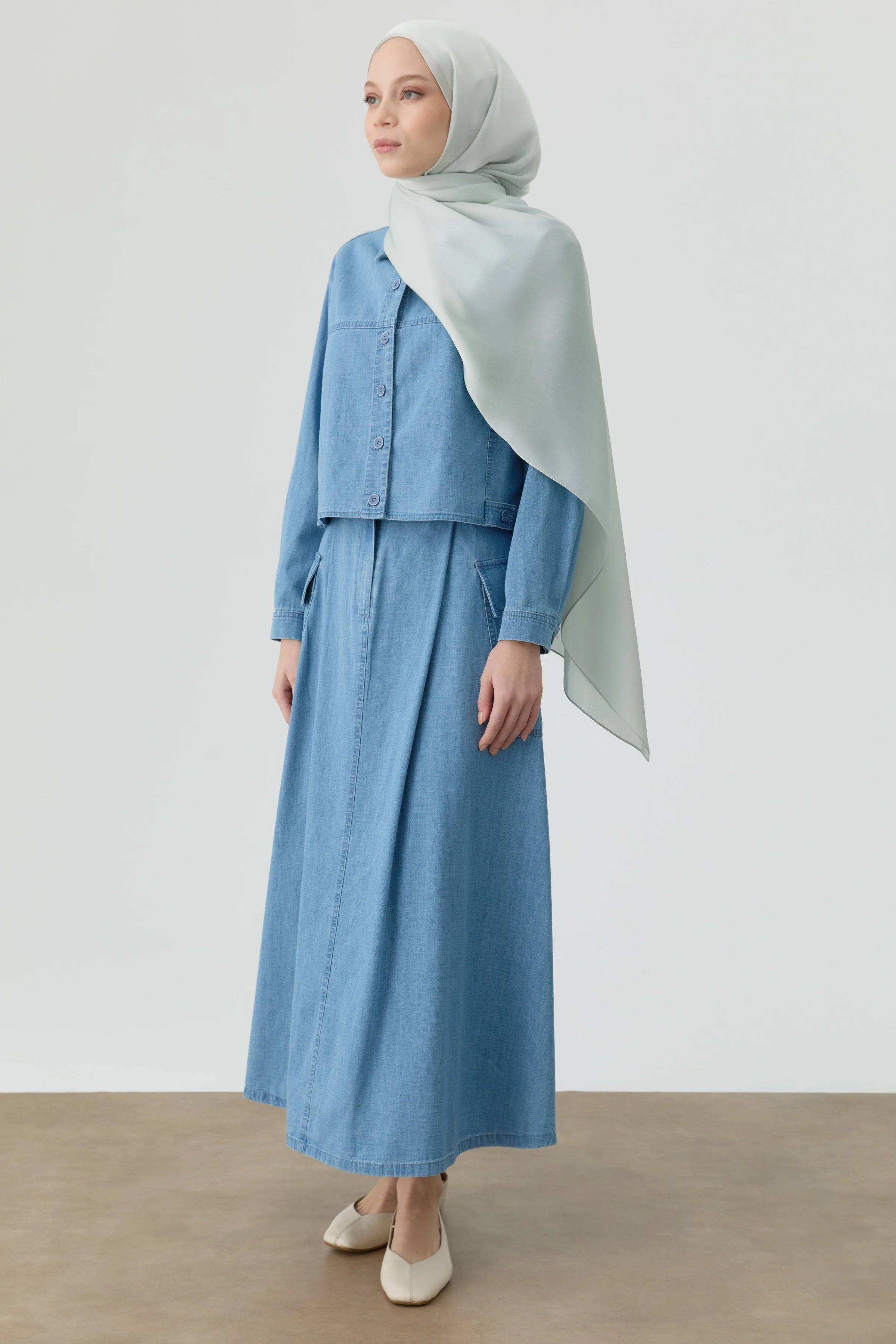 Denim Büyük Cepli Pileli Etek - Açık Mavi TUGBA