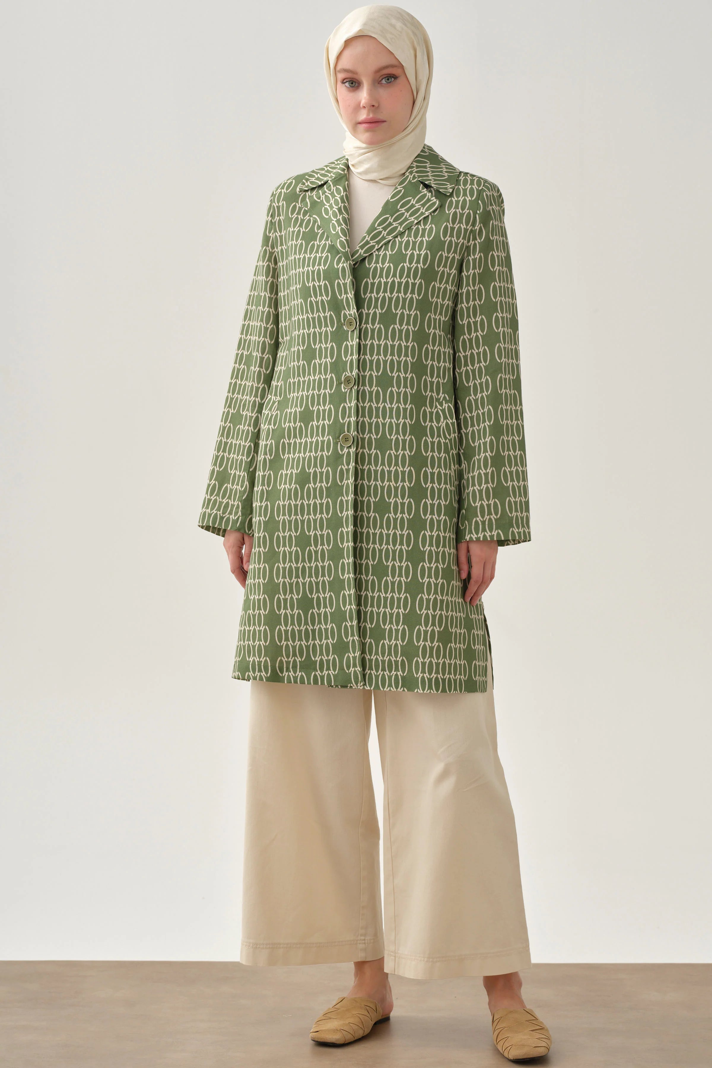 Desenli Keten Ceket - Haki TUGBA