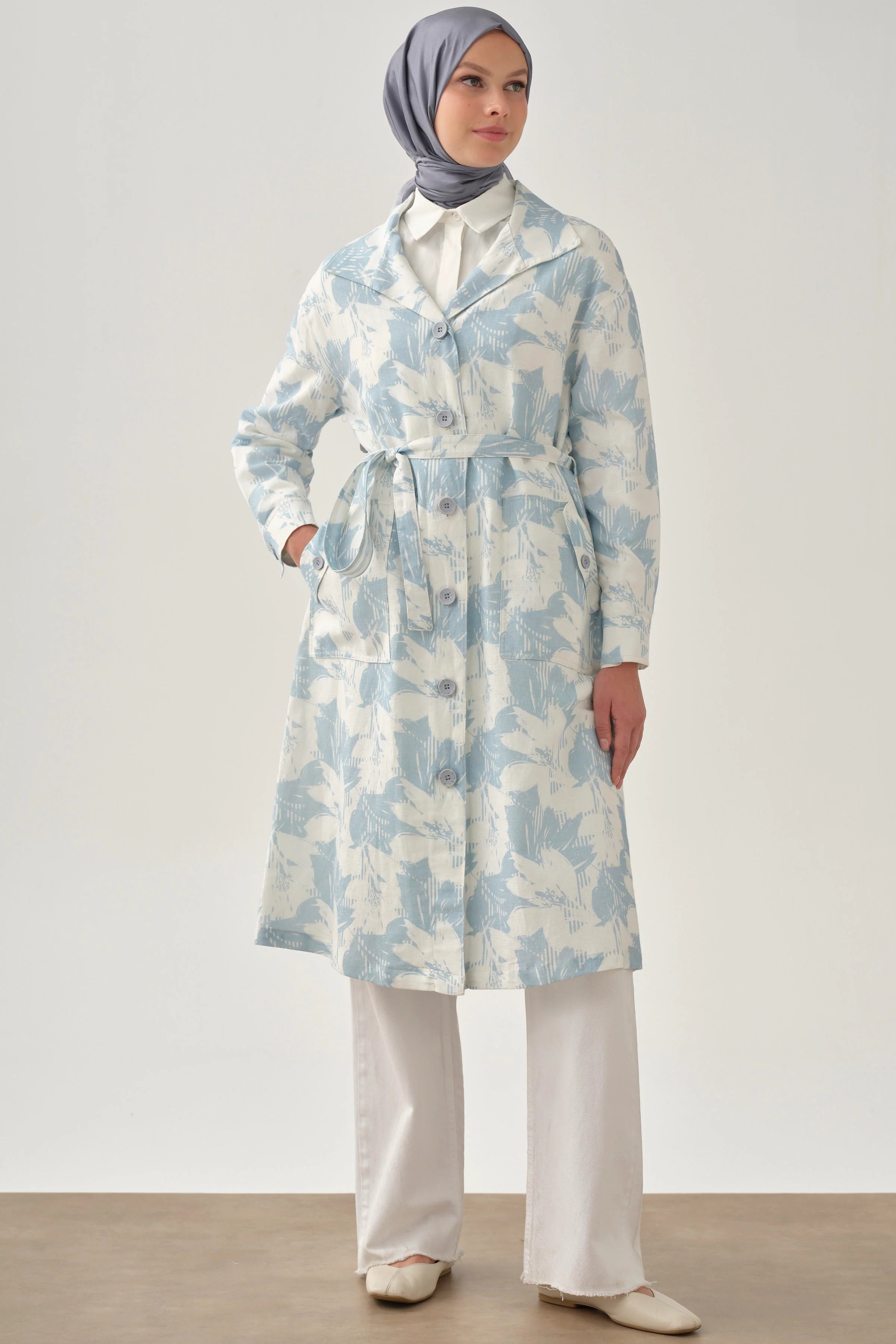 Desenli Keten Kap - Mavi TUGBA