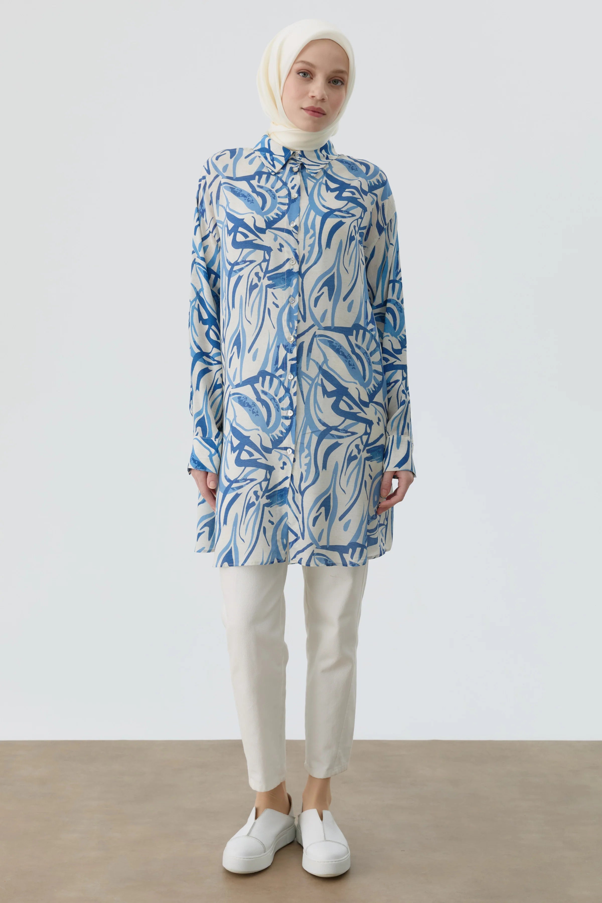 Düşük Kollu Desenli Tunik - İndigo TUGBA