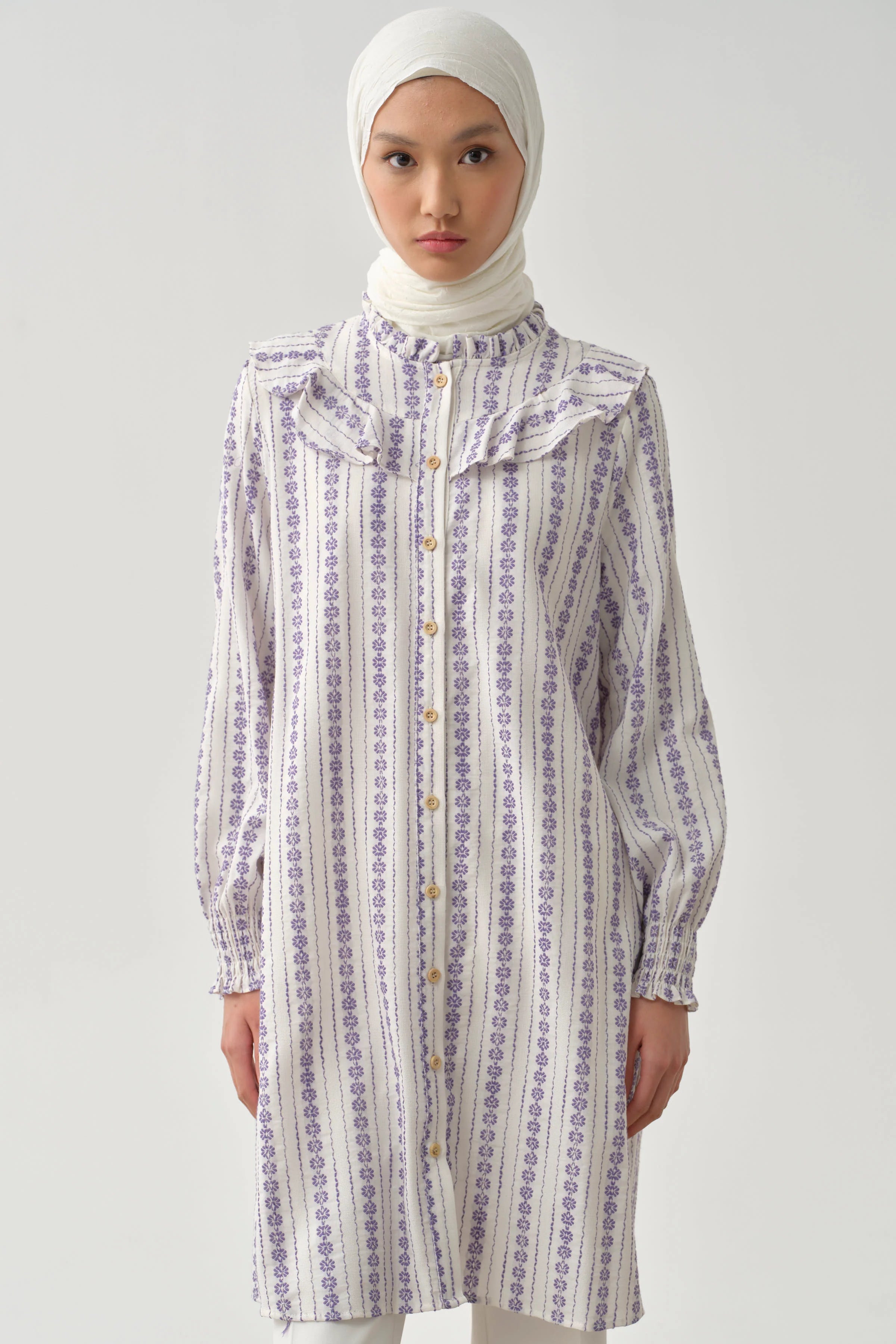 Fırfır Detaylı Bileği Lastikli Tunik - Lila TUGBA