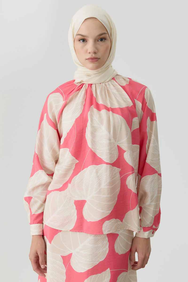 Floral Desenli Büzgülü Bluz - Pembe TUGBA