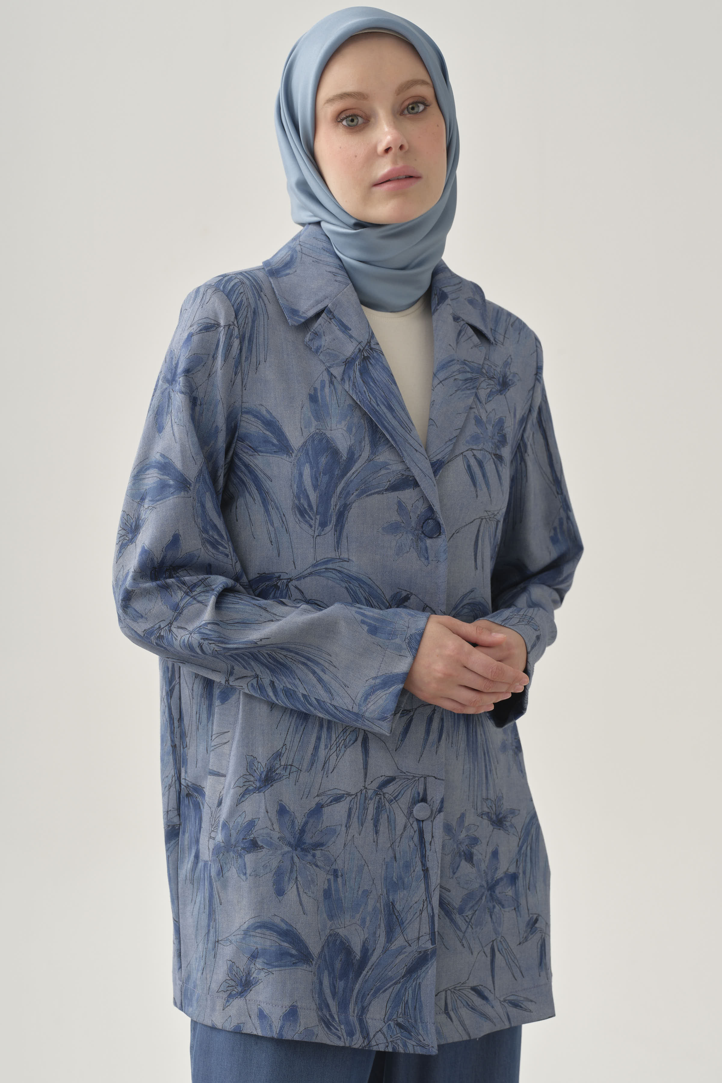 Floral Desenli Ceket - İndigo TUGBA