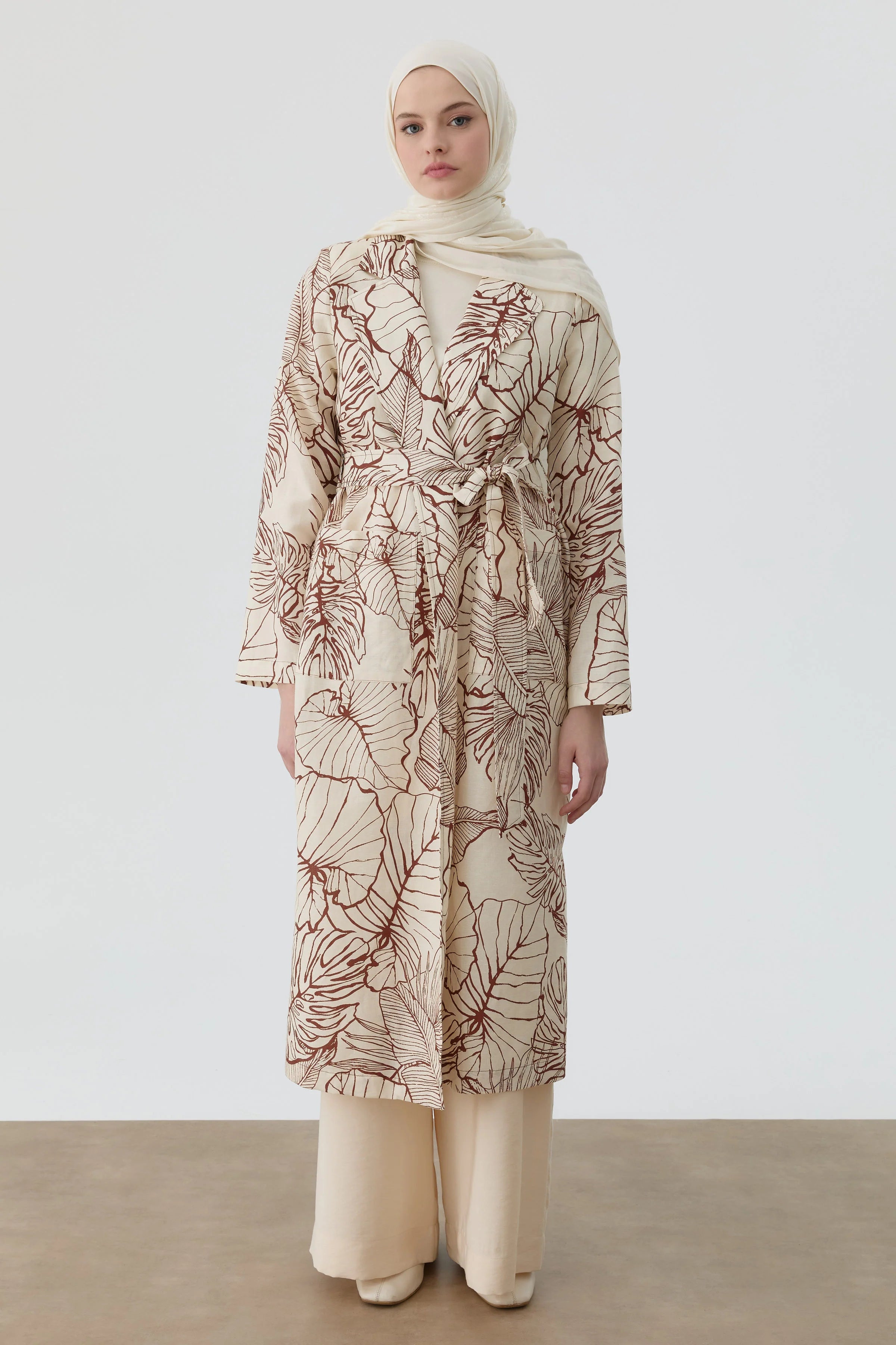Floral Desenli Keten Trençkot - Bej TUGBA