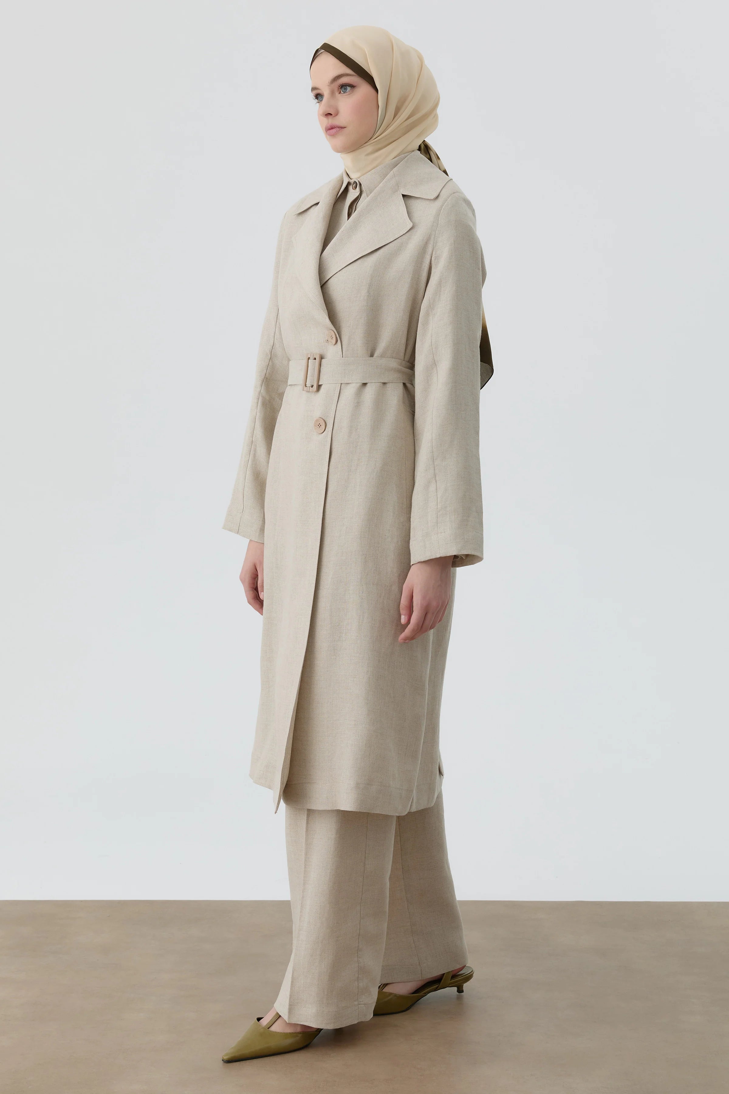 Kemerli Keten Trenç - Bej TUGBA