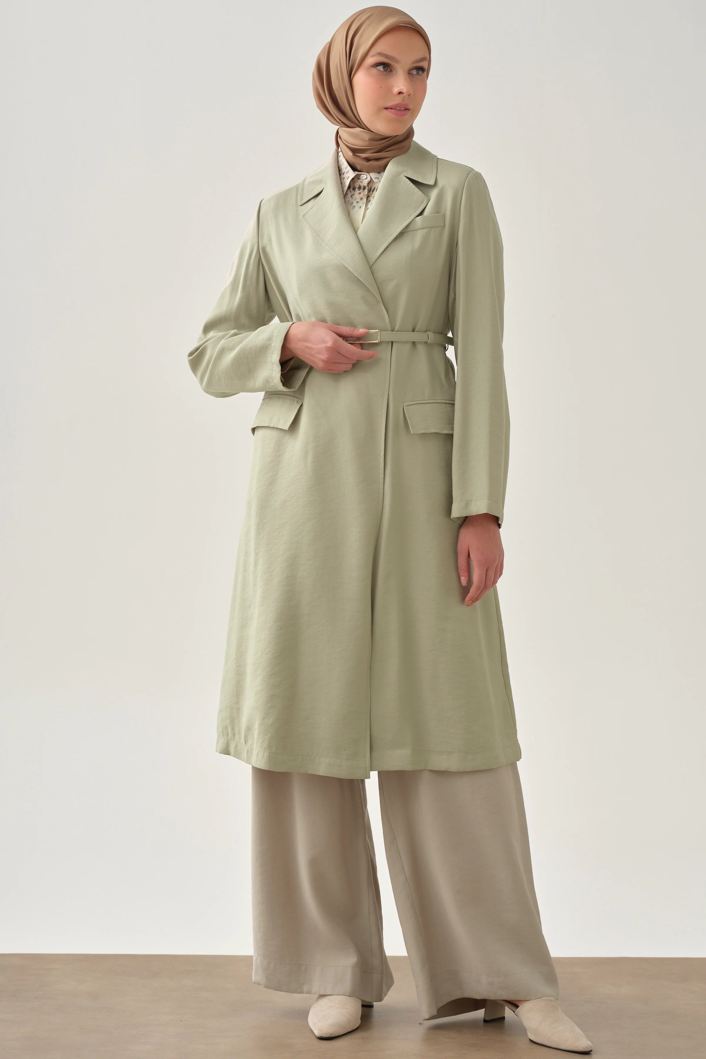Kemerli Uzun Ceket - Açık Yeşil TUGBA