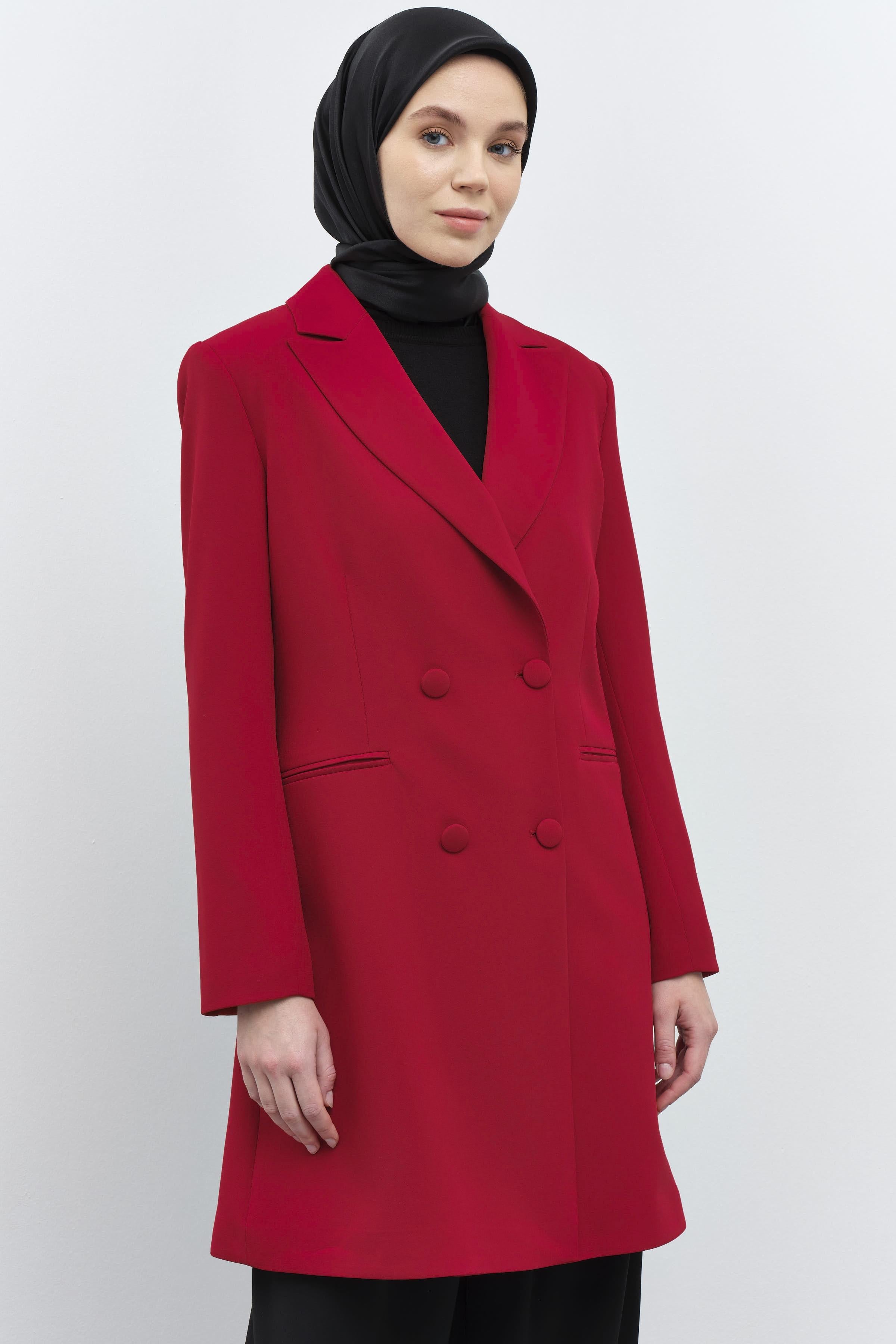 Kruvaze Düğmeli Uzun Basic Ceket - Kırmızı TUGBA