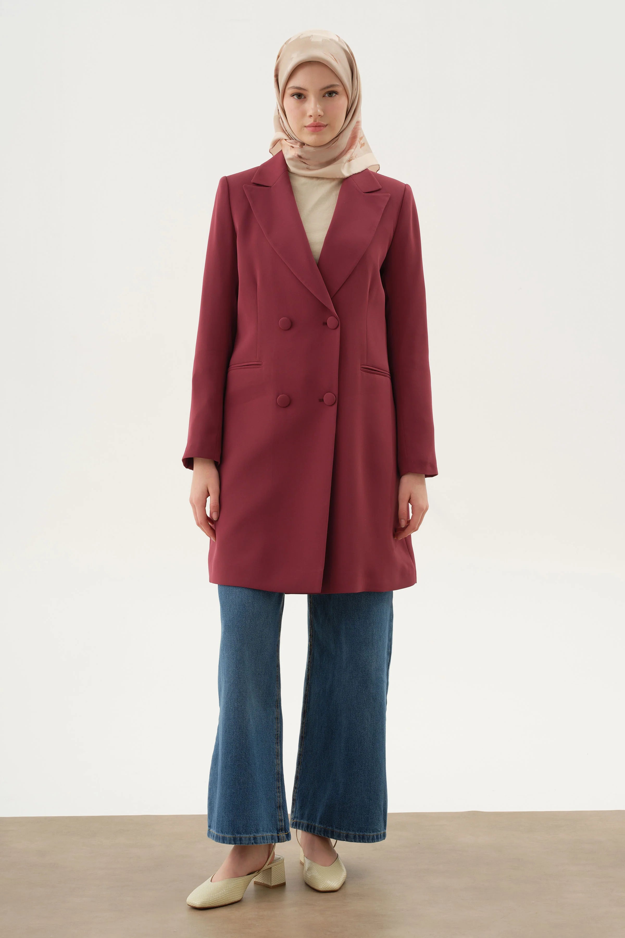 Kruvaze Düğmeli Uzun Basic Ceket - Mürdüm TUGBA