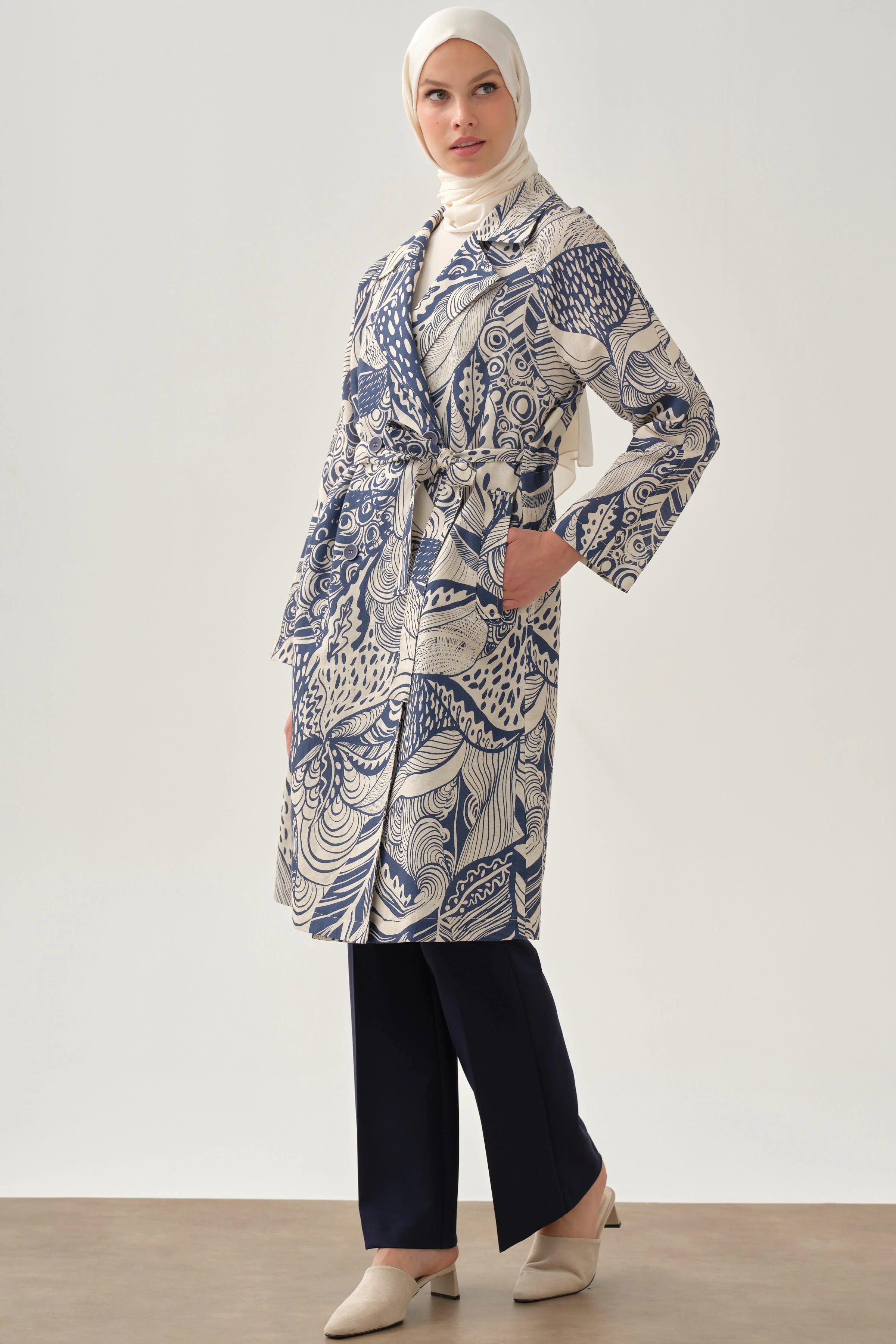 Kuşaklı Desenli Keten Kap - İndigo TUGBA