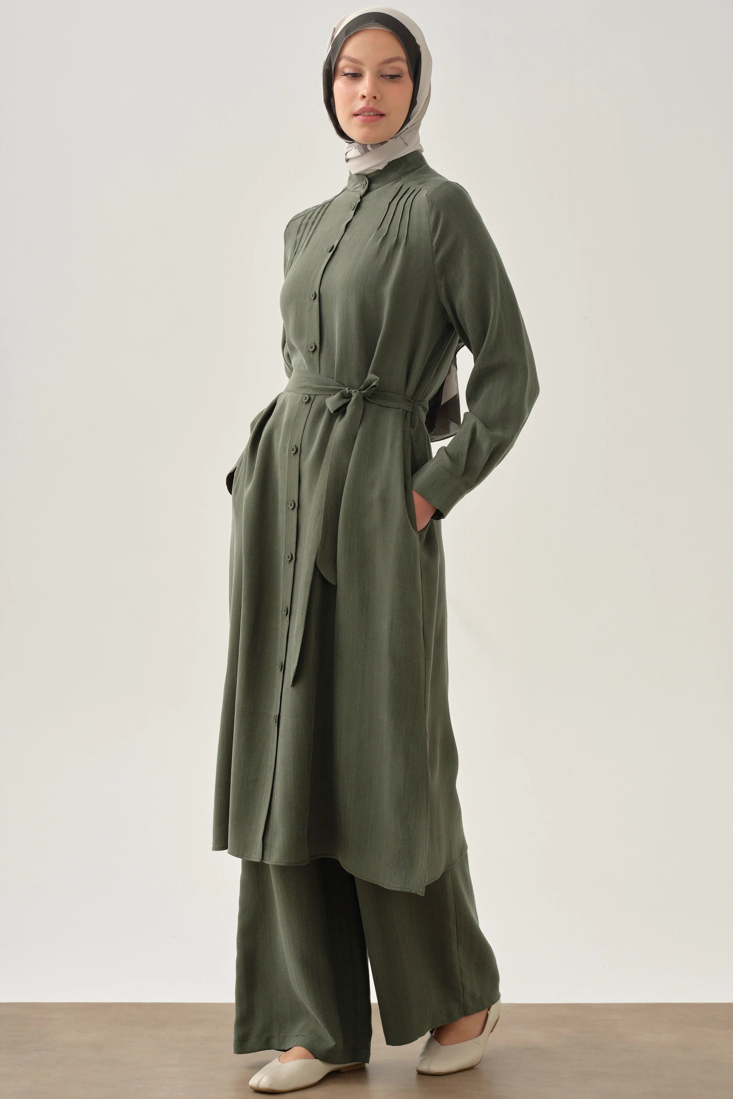 Nervür Detaylı Uzun Tunik - Haki TUGBA