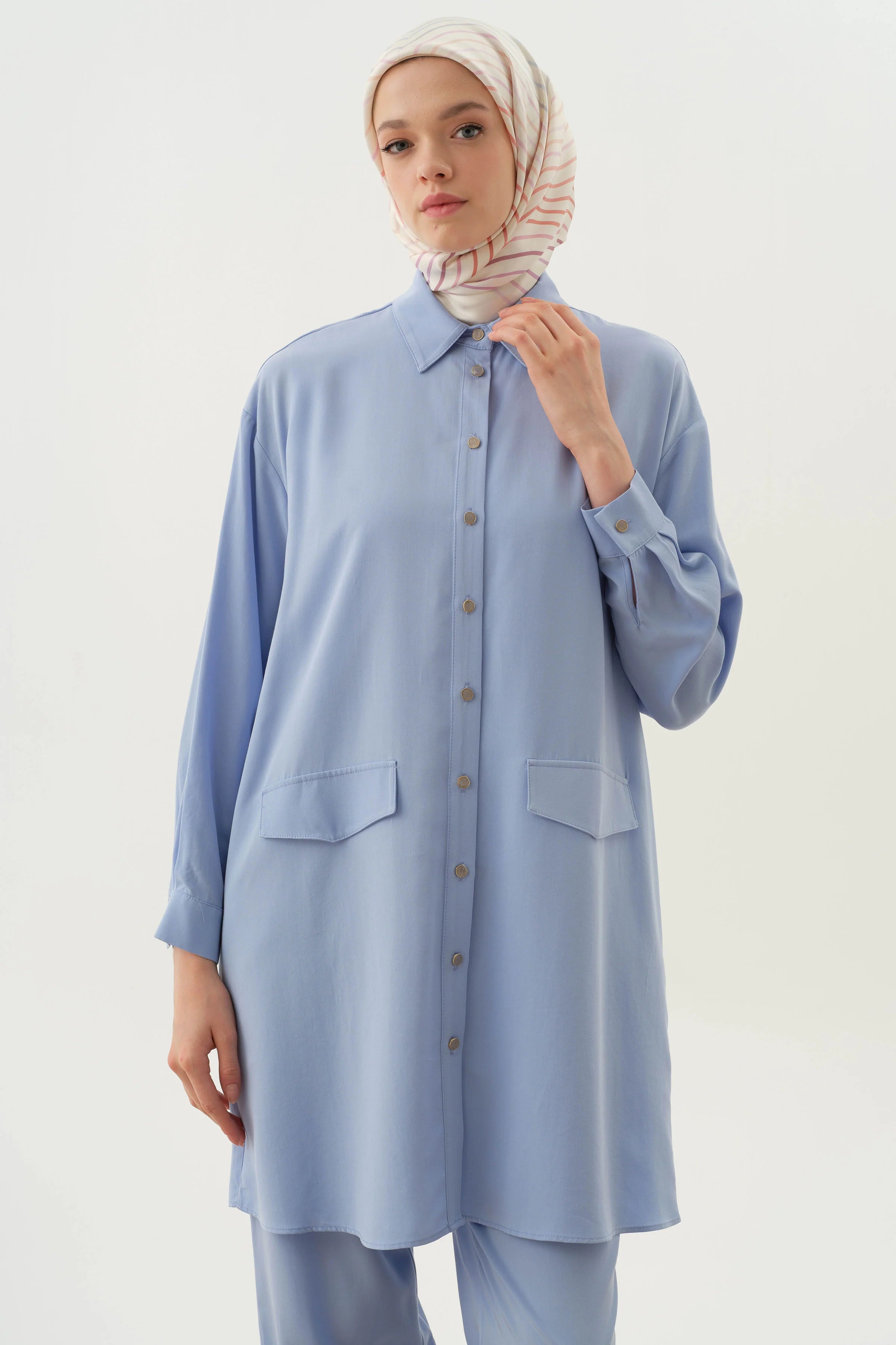 Örme Bluzlu Uzun Tunik Takım - Açık Mavi TUGBA