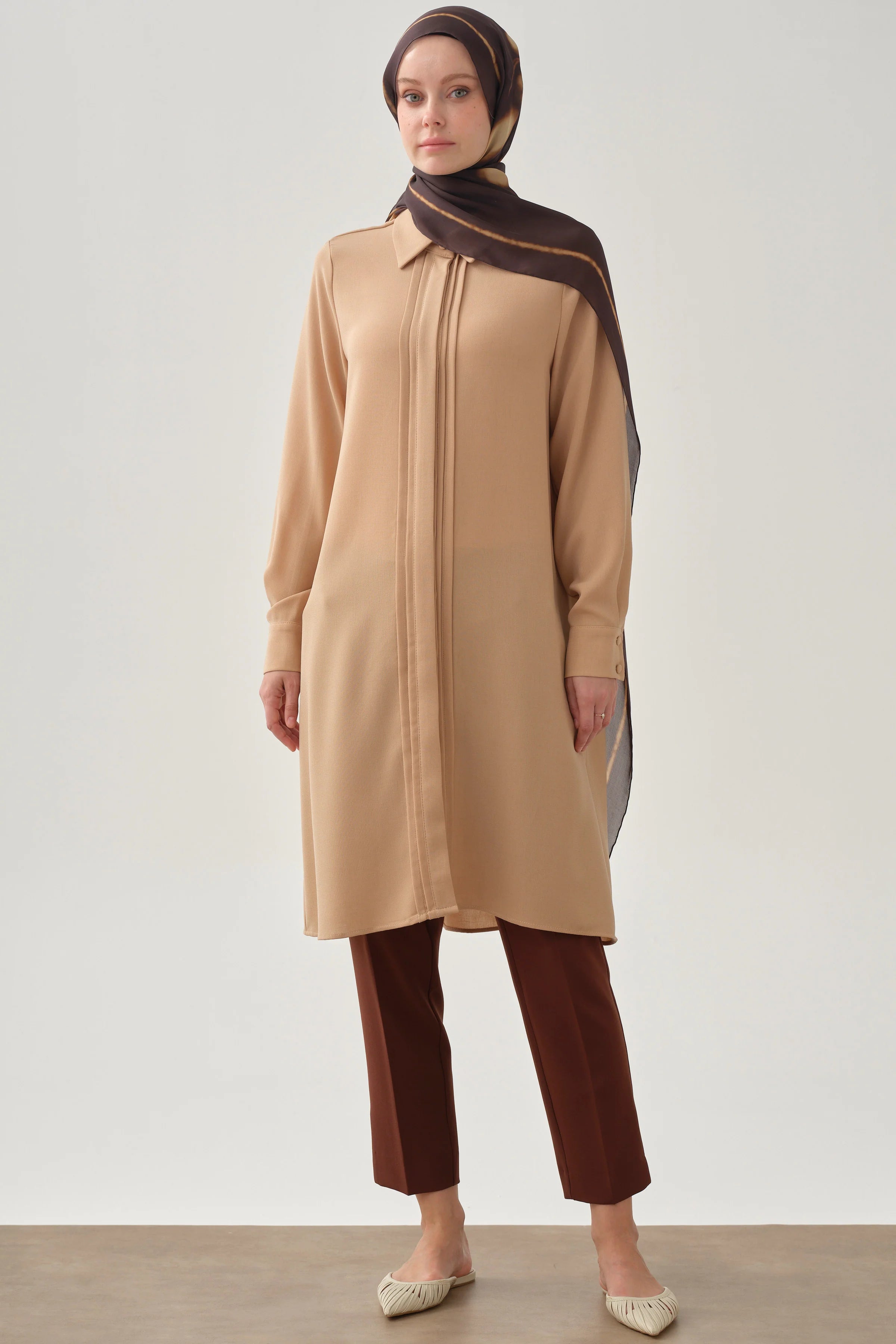 Patı Pile Detaylı Tunik - Bej TUGBA