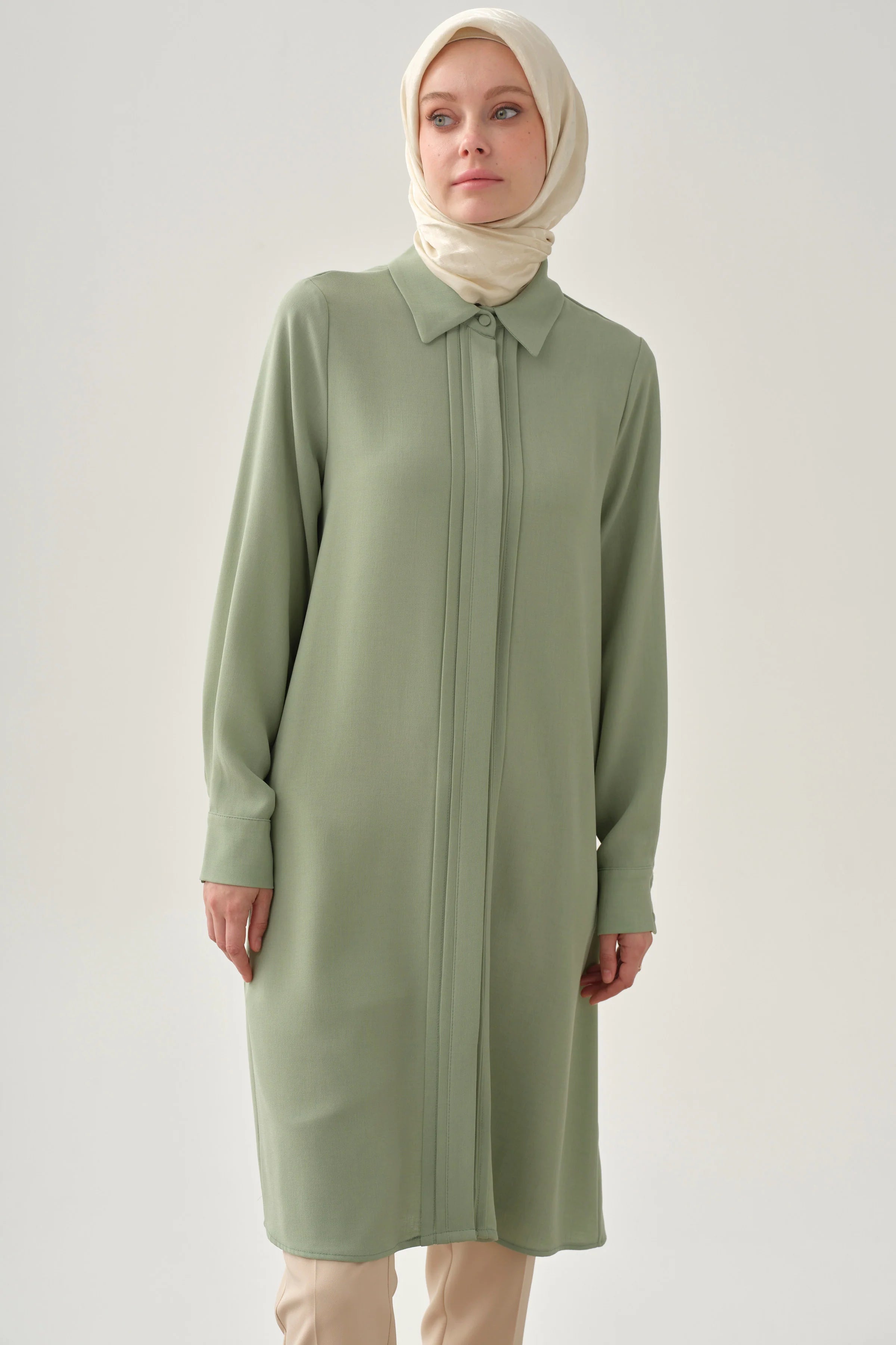 Patı Pile Detaylı Tunik - Su Yeşili TUGBA