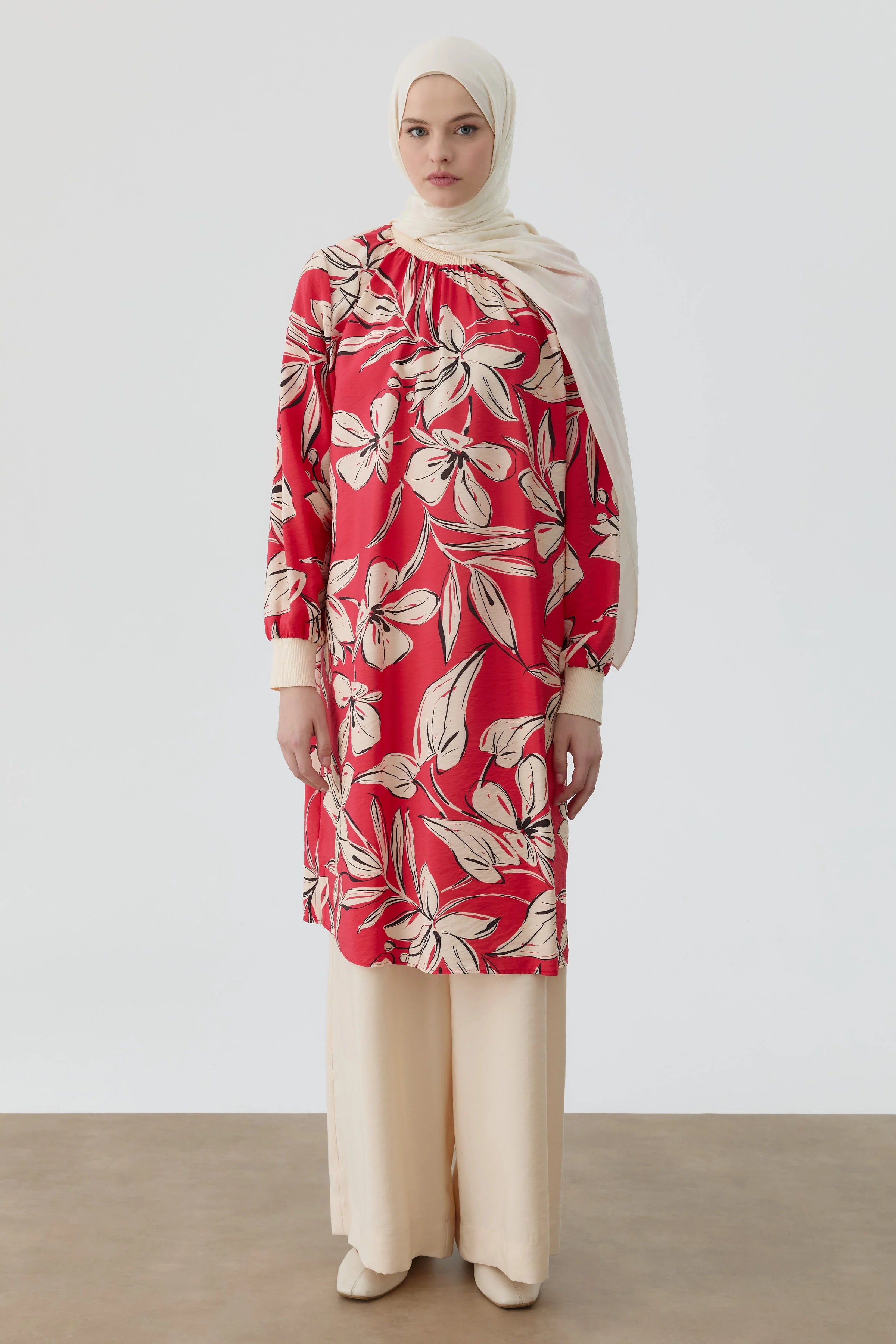 Ribanalı Çiçek Desenli Tunik - Mercan TUGBA