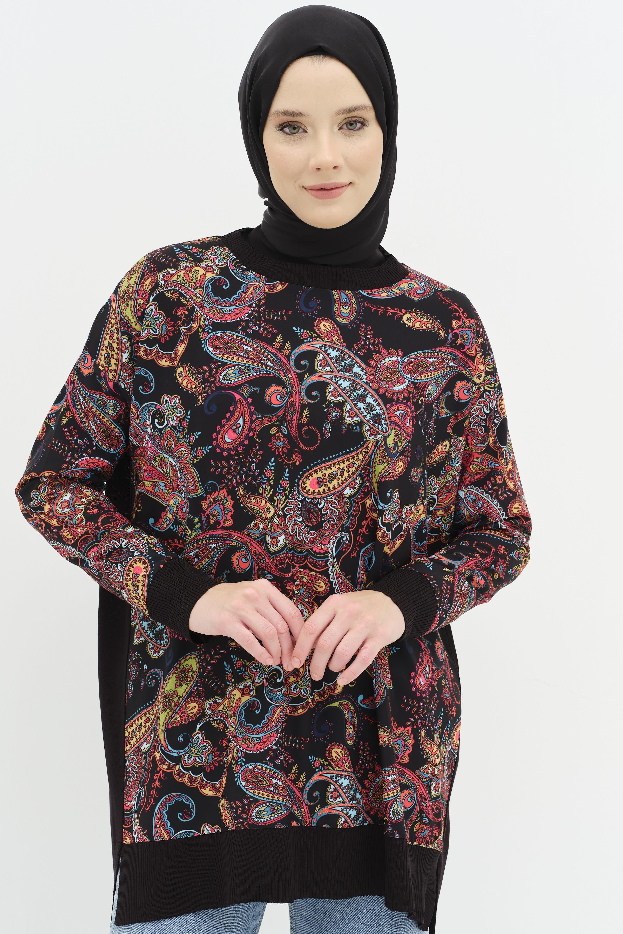 Şal Desenli Garnili Tunik - Siyah TUGBA