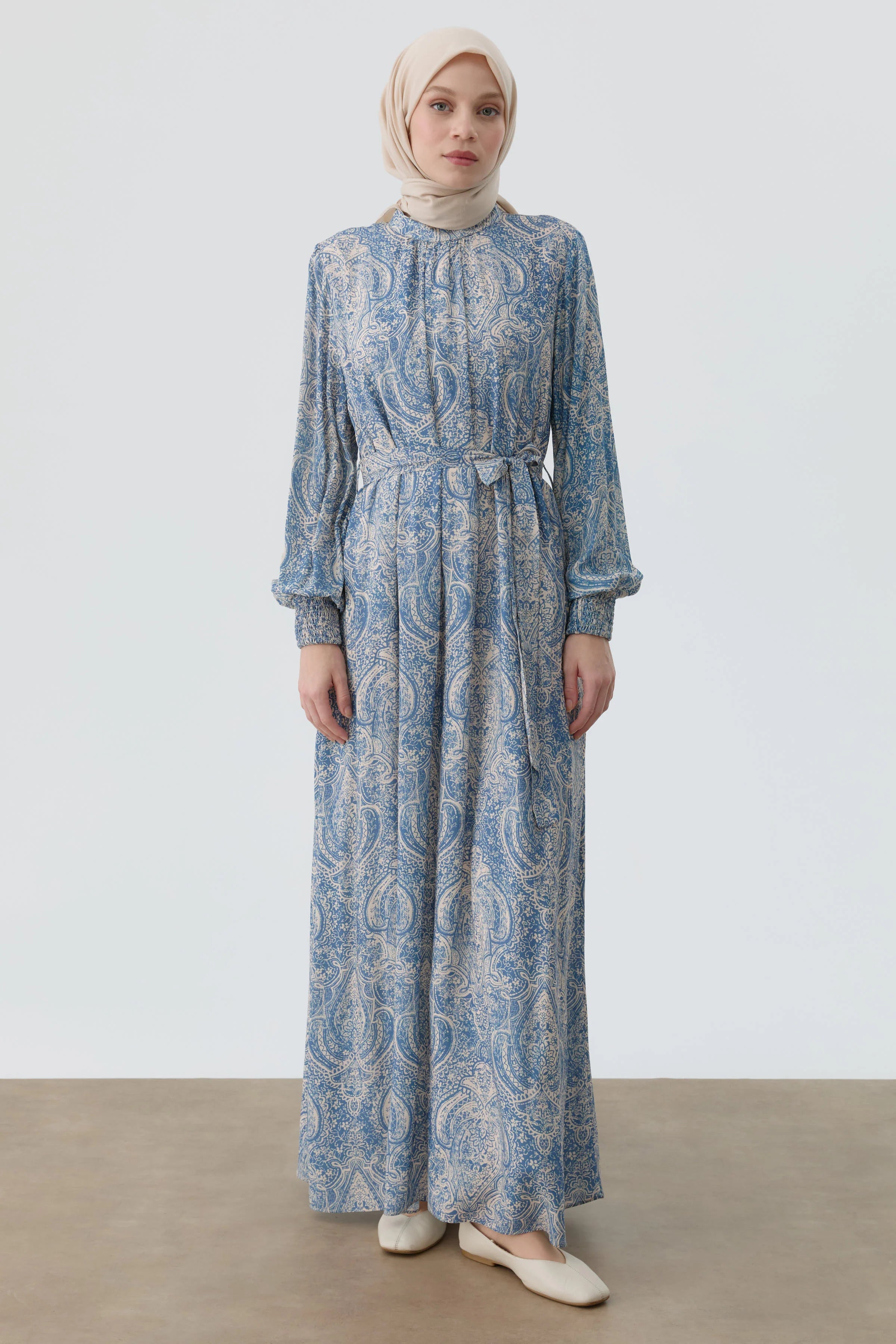 Şal Desenli Kuşaklı Elbise - İndigo TUGBA