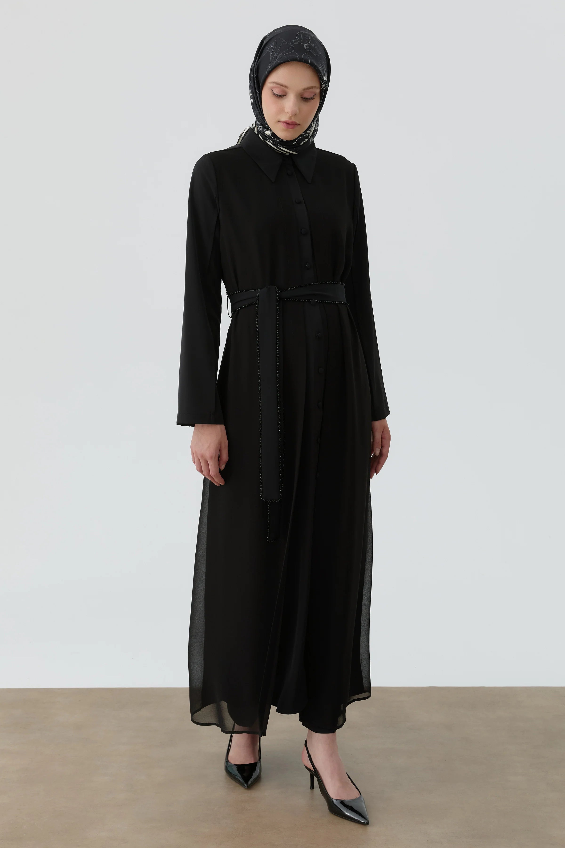 Şifon Kombinli Uzun Tunik - Siyah TUGBA