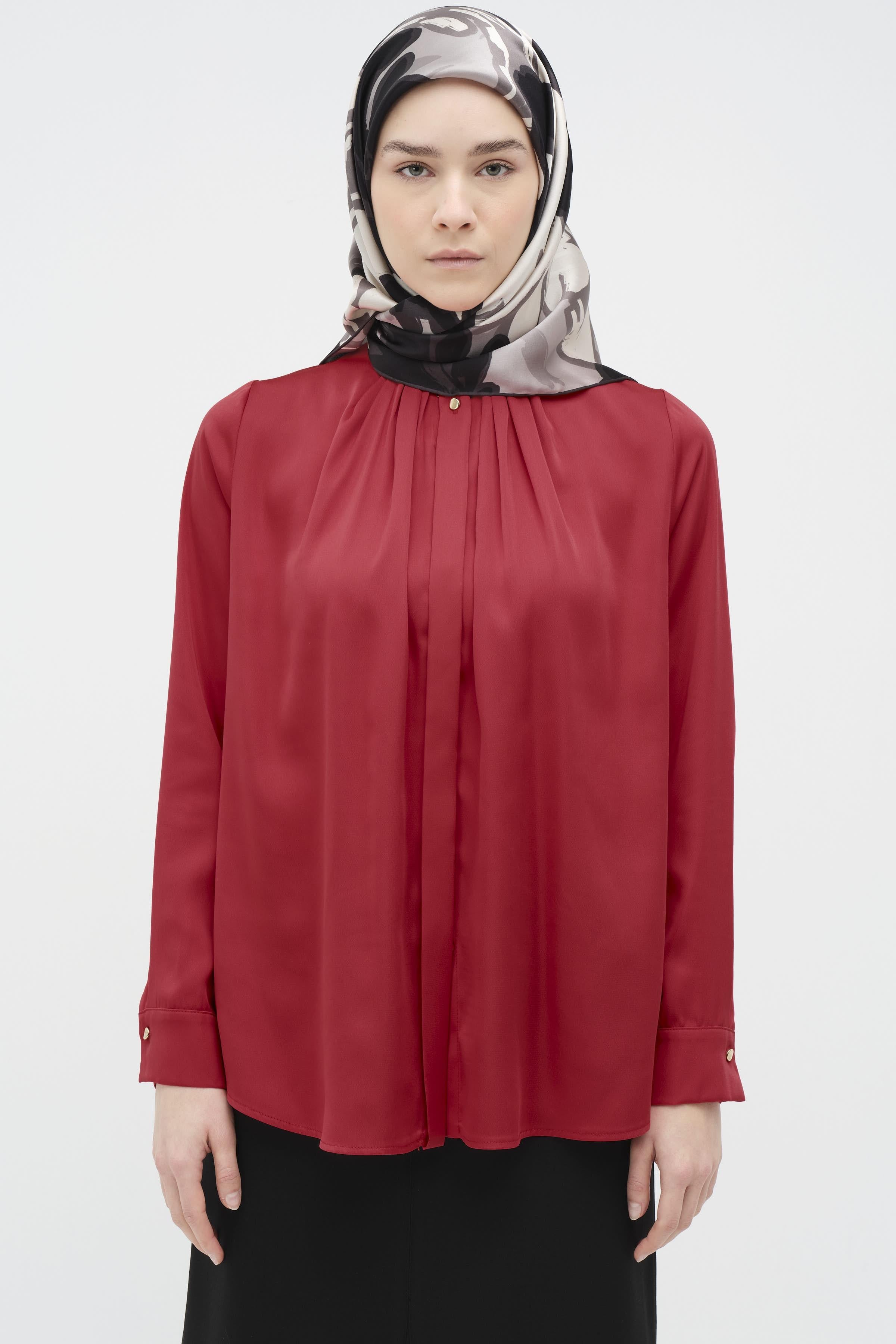 Ters Gizli Patlı Pileli Gömlek - Kırmızı TUGBA