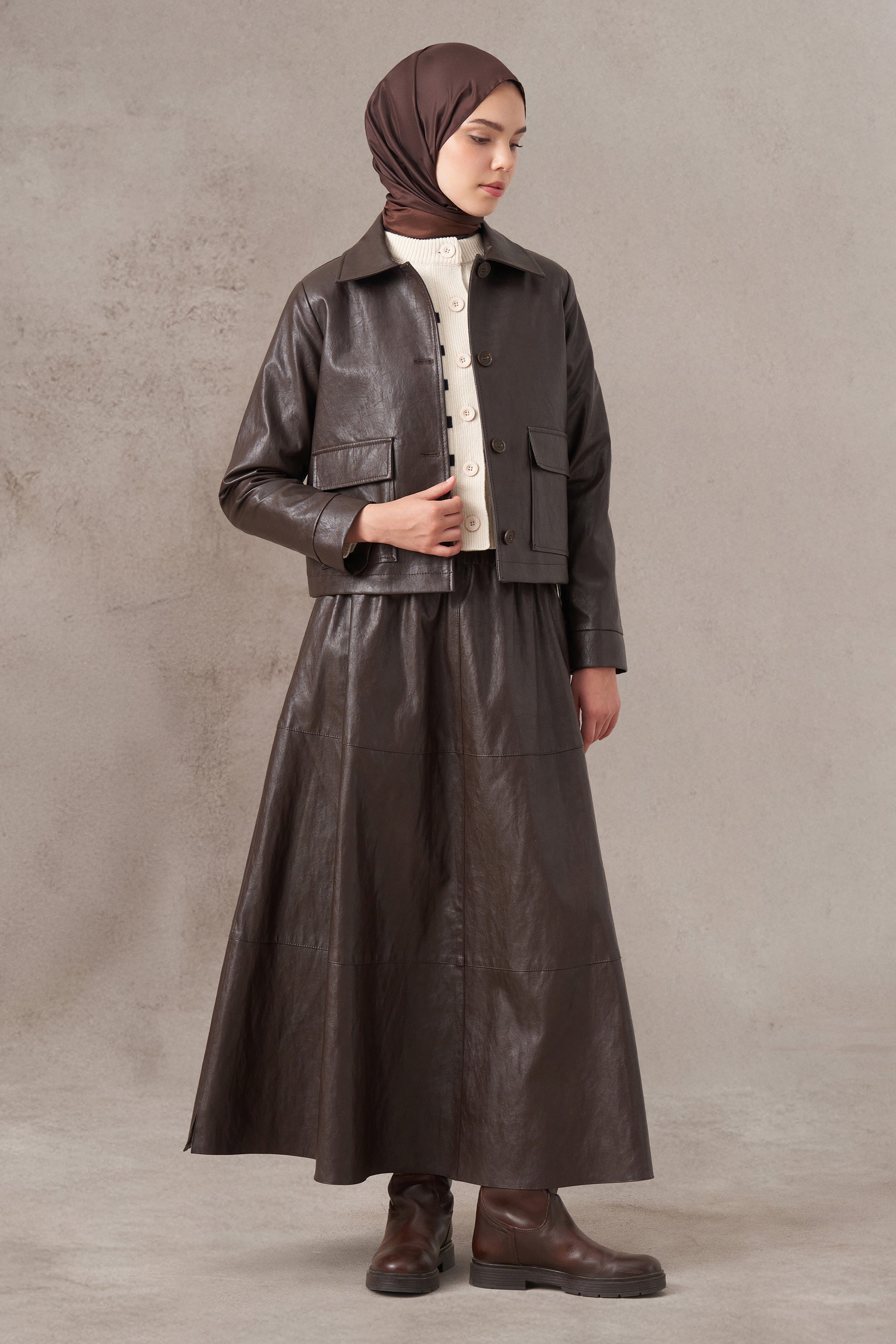 Kısa Deri Ceket - Kahve TUGBA