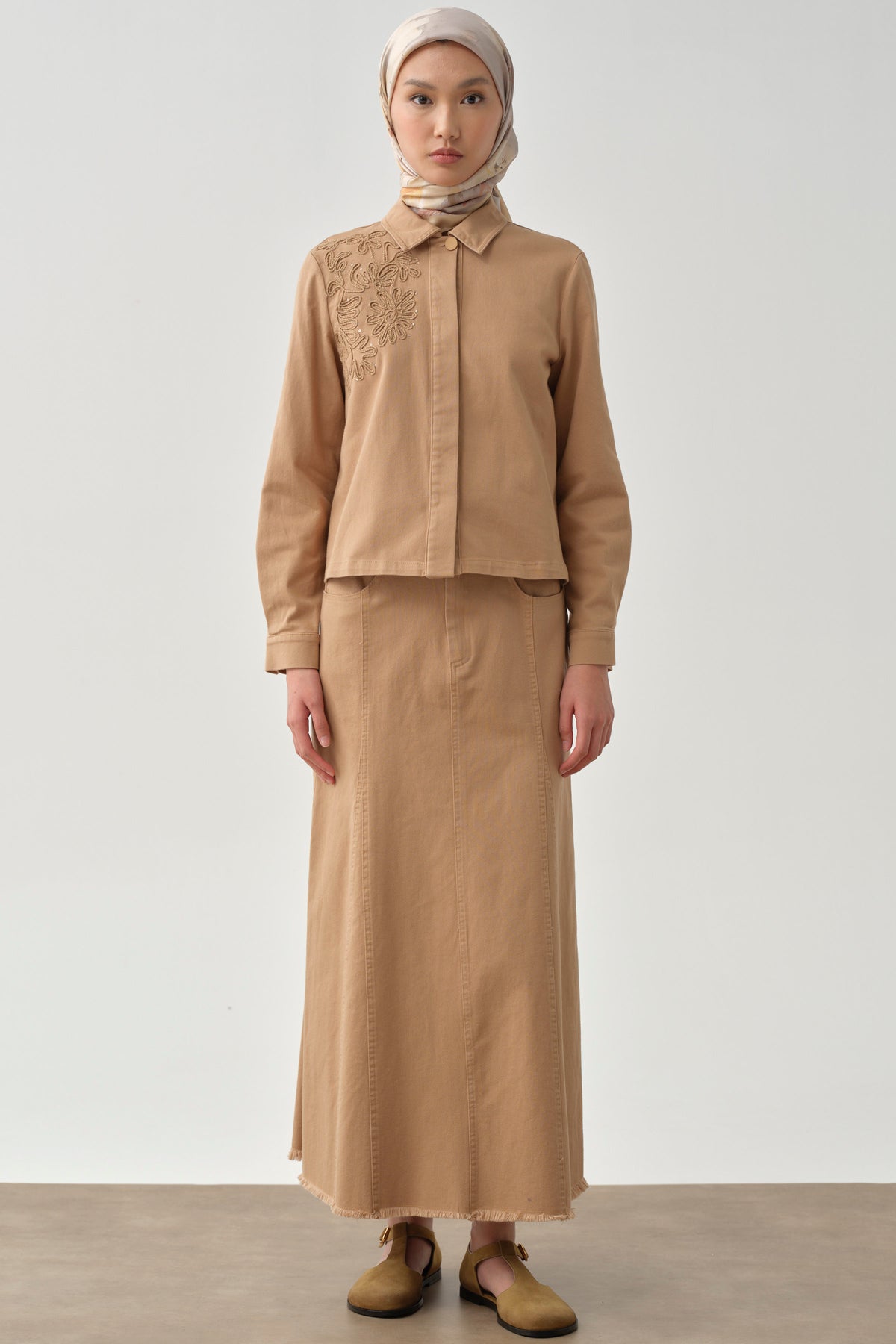 Püskül Detaylı Cepli Canvas Etek - Camel TUGBA
