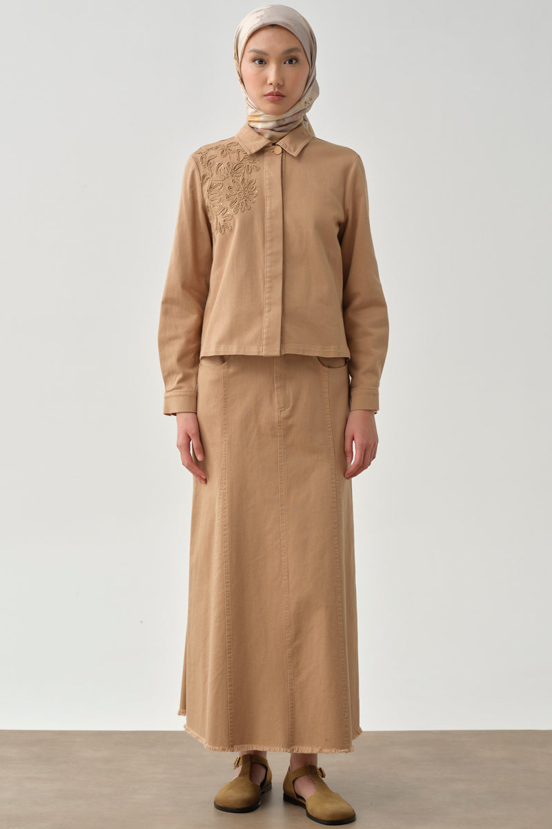 Püskül Detaylı Cepli Canvas Etek - Camel TUGBA
