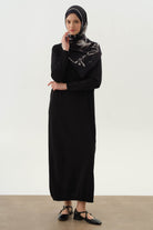 Ribana Desenli Triko Elbise - Siyah TUGBA