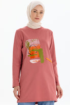 Ribana Yakalı Desen Baskılı Örme Sweat - Gül Kurusu TUGBA