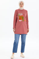 Ribana Yakalı Desen Baskılı Örme Sweat - Gül Kurusu TUGBA