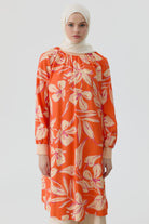 Ribanalı Çiçek Desenli Tunik - Oranj TUGBA