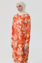 Ribanalı Çiçek Desenli Tunik - Oranj TUGBA