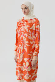 Ribanalı Çiçek Desenli Tunik - Oranj TUGBA