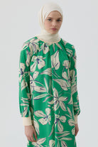Ribanalı Çiçek Desenli Tunik - Yeşil TUGBA