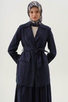 Rivet Detaylı Kemerli Ceket - Lacivert TUGBA