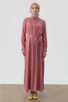 Robalı Kuşaklı Elbise - Gül Kurusu TUGBA