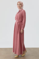 Robalı Kuşaklı Elbise - Gül Kurusu TUGBA