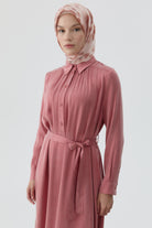 Robalı Kuşaklı Elbise - Gül Kurusu TUGBA