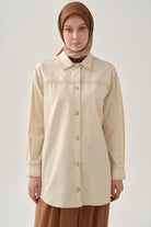 Robası Biye Detaylı Gizli Cepli Gömlek - Ekru TUGBA