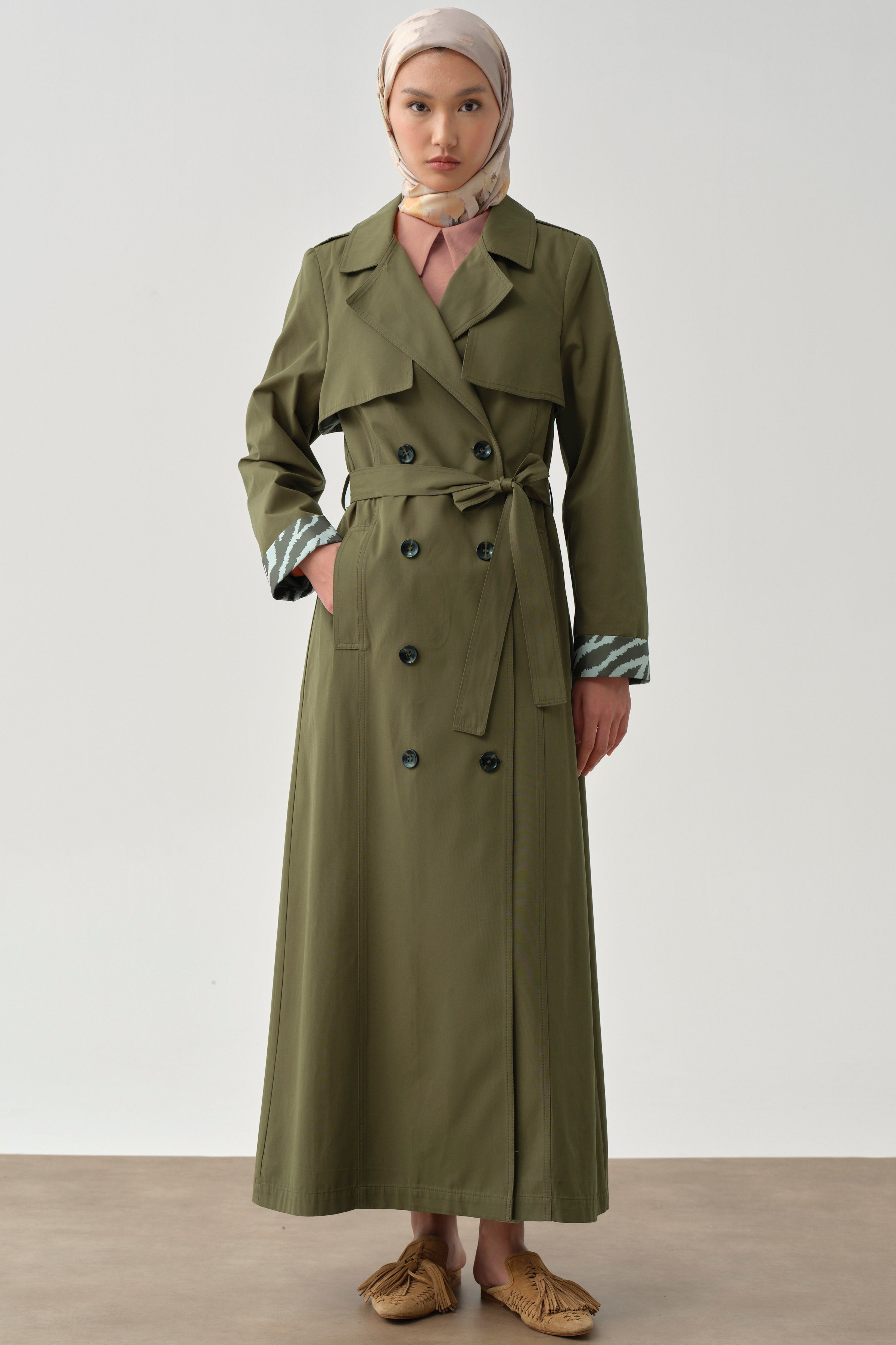 LIMI feu W/Mosser B Long Trench Coat カーキ ruzgarlik-detayli-kruvaze-