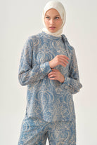 Şal Desenli Fular Yakalı Bluz - İndigo TUGBA
