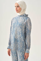 Şal Desenli Fular Yakalı Bluz - İndigo TUGBA