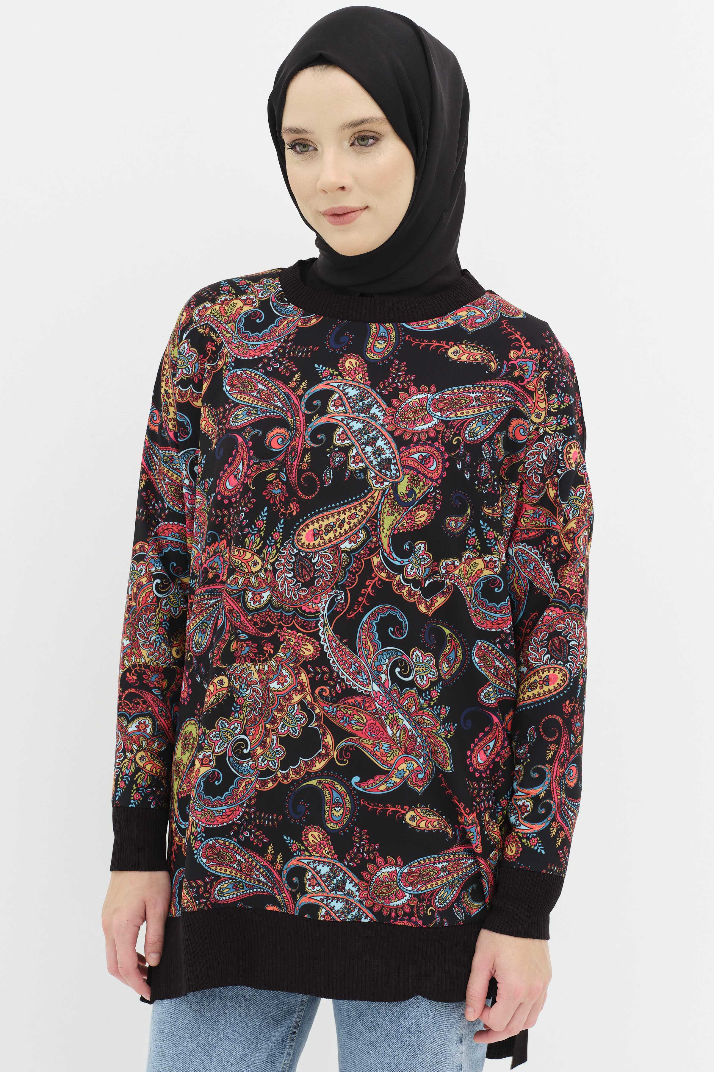 Şal Desenli Garnili Tunik - Siyah TUGBA