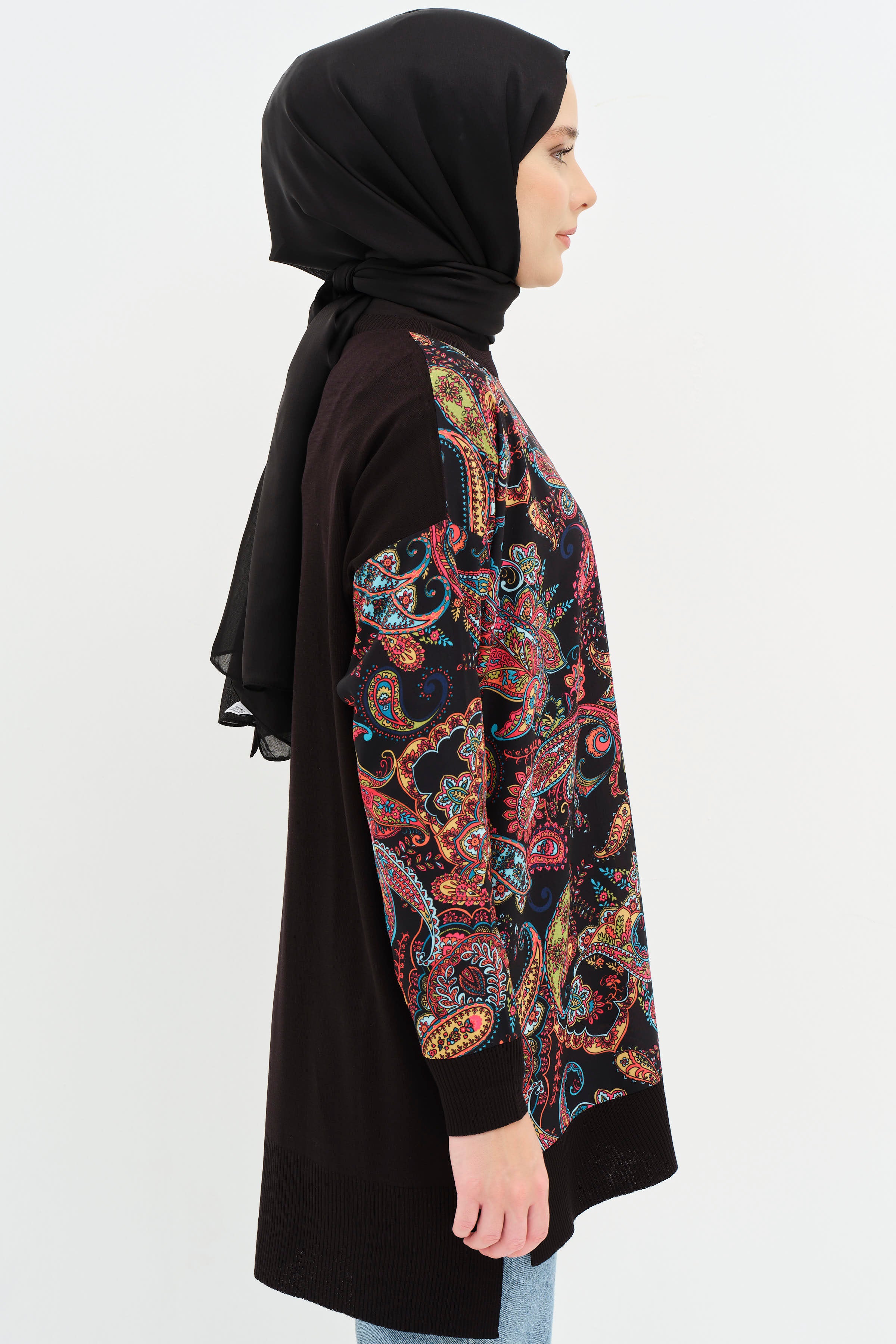 Şal Desenli Garnili Tunik - Siyah TUGBA