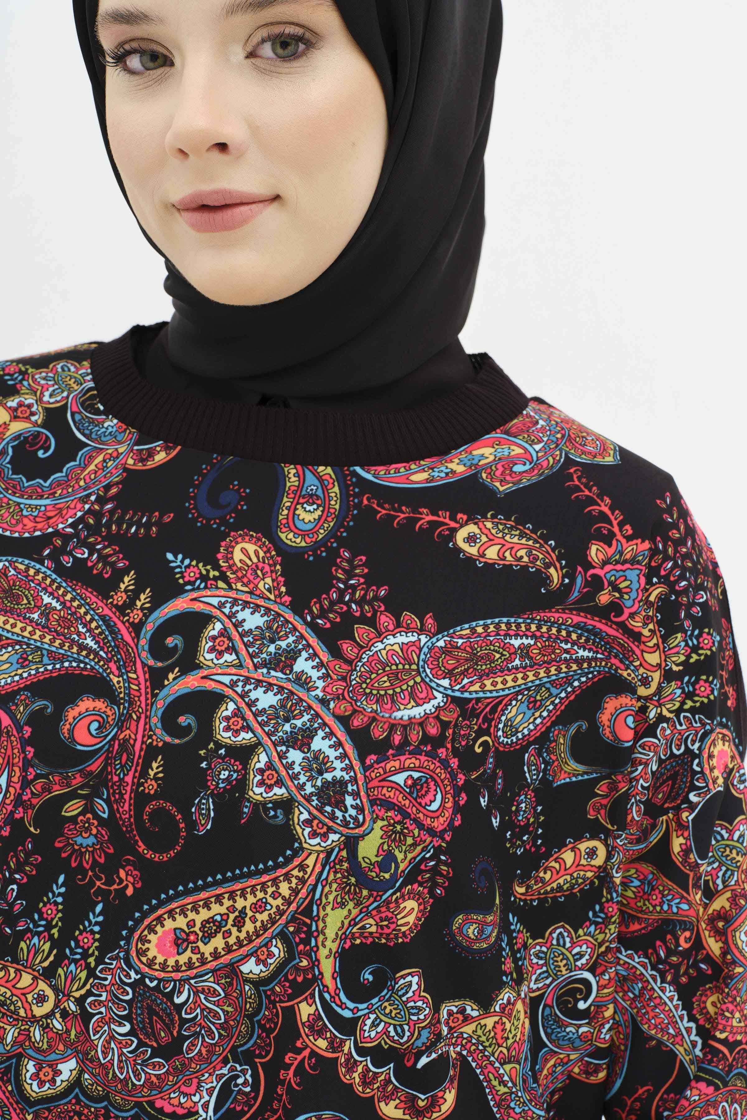 Şal Desenli Garnili Tunik - Siyah TUGBA