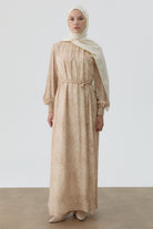 Şal Desenli Kuşaklı Elbise - Bej TUGBA