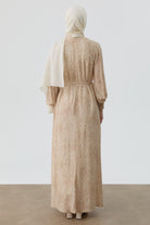 Şal Desenli Kuşaklı Elbise - Bej TUGBA